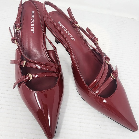 MUCCCUTE Red Patent Leather Slingback Kitten Heels Pointed Buckle Shoes Size 8 - Picture 4 of 10
